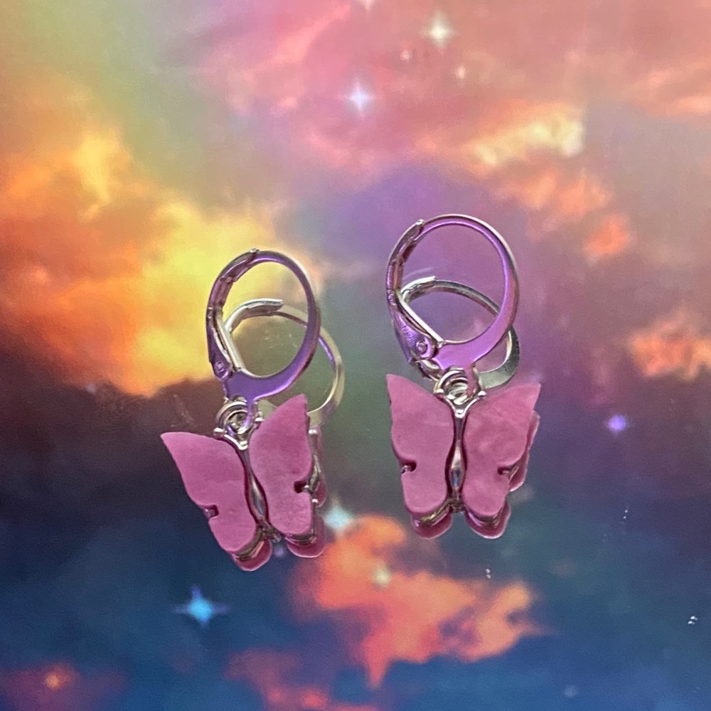 Silver pink butterfly earrings